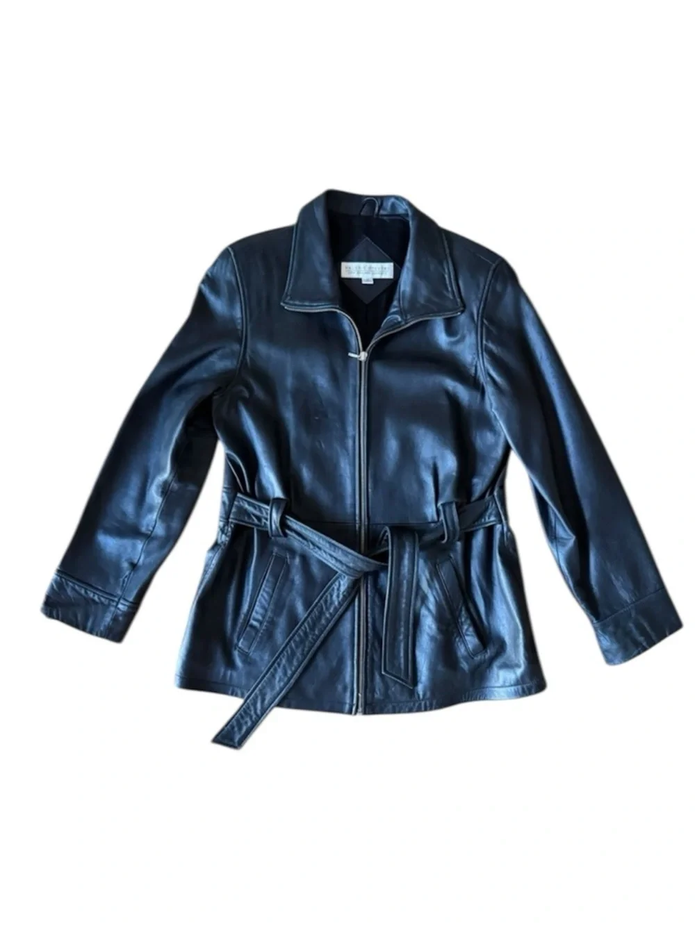 Valerie Stevens Leather Black Jacket Coat Full Zip Belted Soft Lined